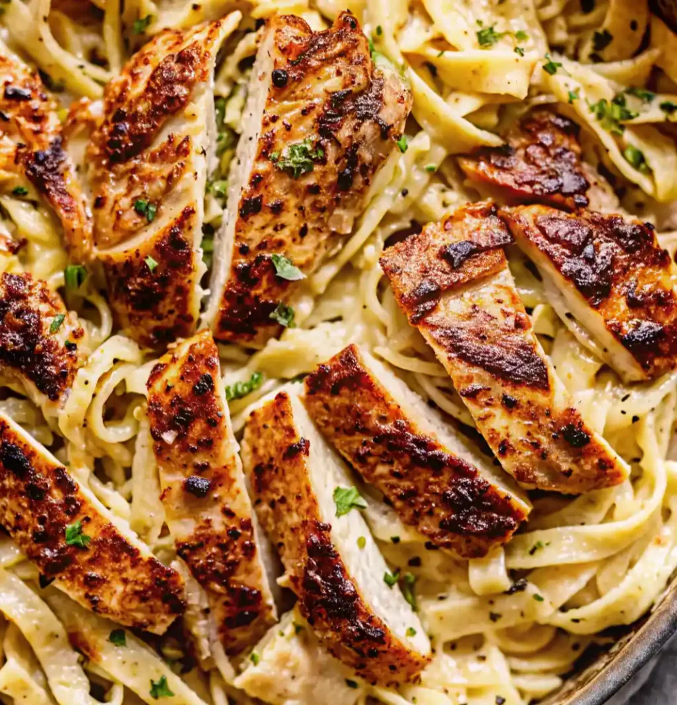 Perfectly fried, golden-brown chicken breast slices, served over a bed of creamy fettuccine and garnished with fresh herbs, for the ultimate meal Chicken Pasta Recipes