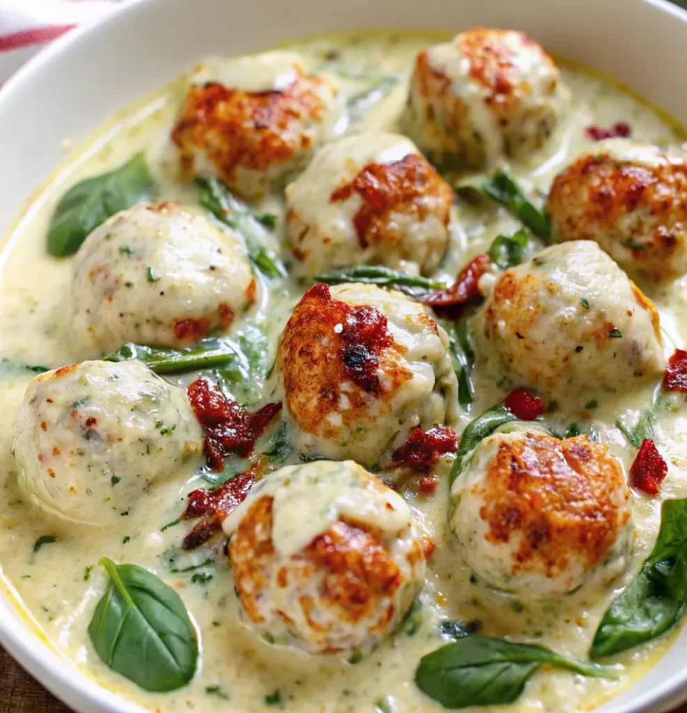 Chicken Ricotta Meatballs with Spinach Alfredo Sauce served in a creamy white bowl for an easy dinner recipe