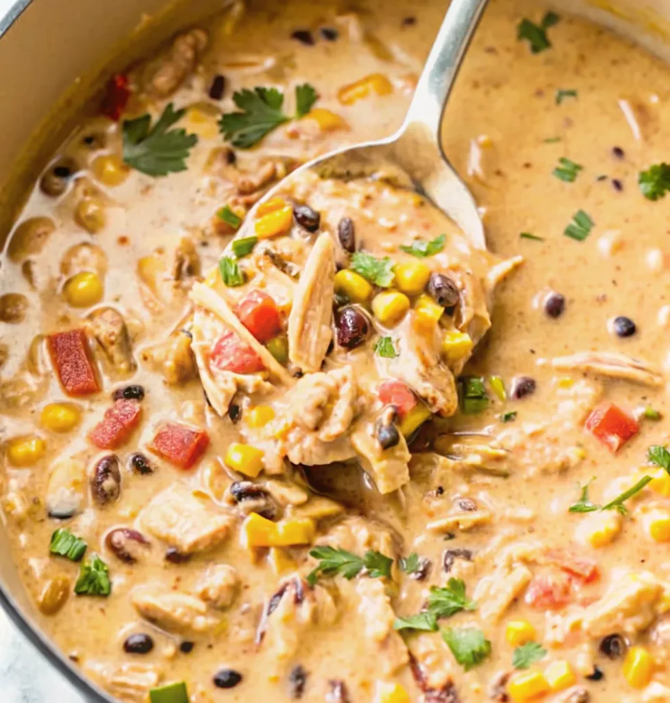 A creamy, hearty chicken taco soup being scooped from a pot, filled with shredded chicken, black beans, corn, and diced tomatoes, finished with a scatter of fresh cilantro leaves.