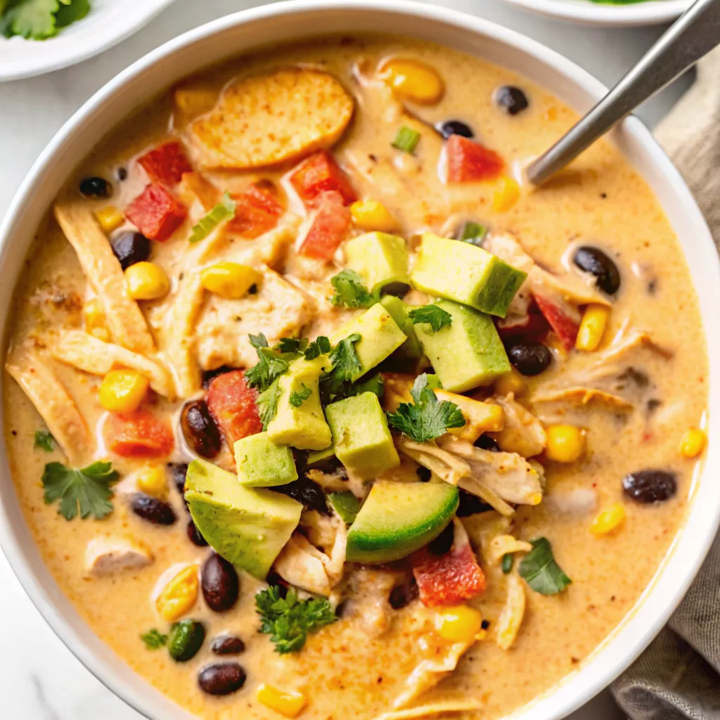A creamy chicken taco soup in a white bowl, loaded with black beans, corn, diced tomatoes, and shredded chicken, topped with fresh cubed avocado and a sprinkle of cilantro.