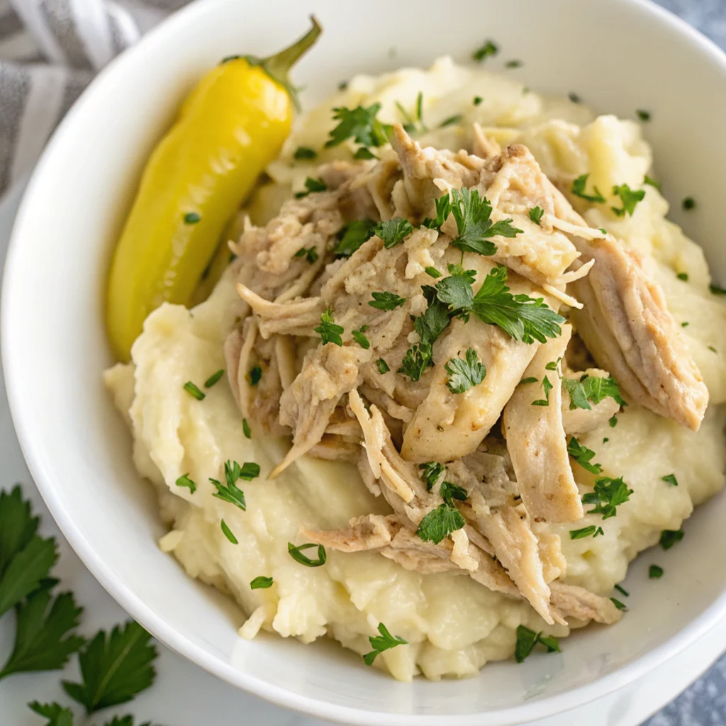A white ceramic bowl filled with comforting shredded chicken and cabbage mash, topped with vibrant green parsley flakes and served with a single pickled banana pepper for a cozy meal.