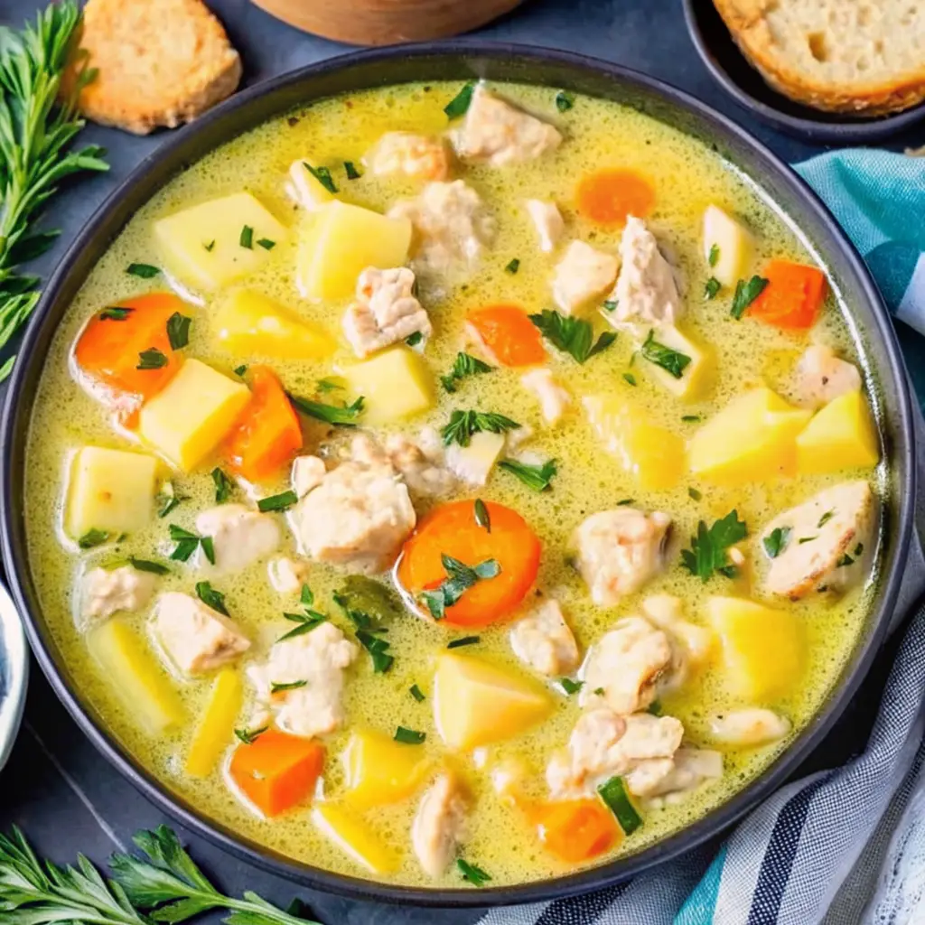 A vibrant bowl of chicken and potato soup featuring tender chicken chunks, diced yellow potatoes, and sliced carrots in a golden broth, garnished with fresh parsley and served with bread.
