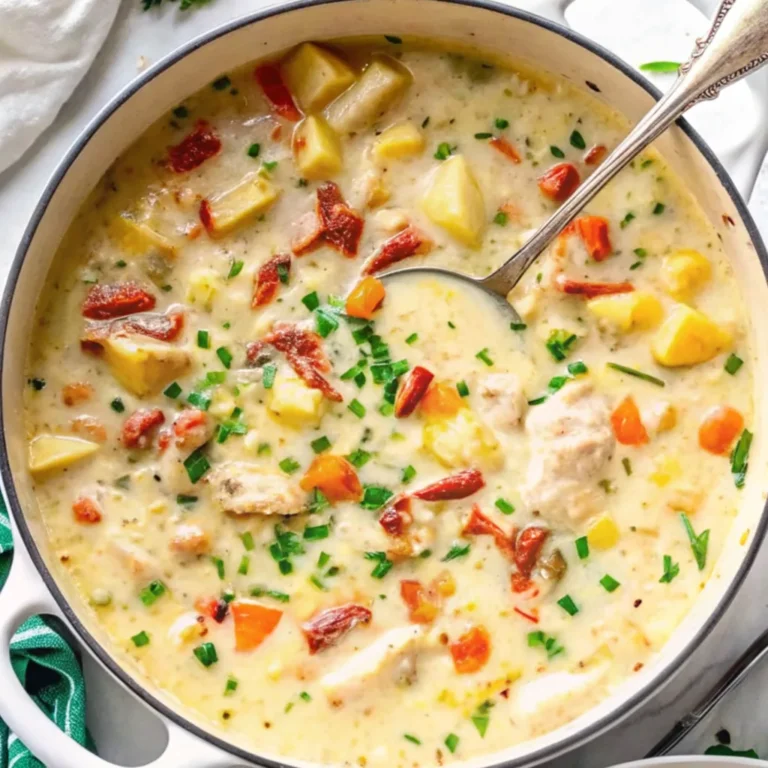 Chicken Soup Recipes : A creamy chicken and potato soup in a white Dutch oven, packed with tender potato chunks, shredded chicken, vibrant carrots, sun-dried tomatoes, and a generous garnish of fresh chives.
