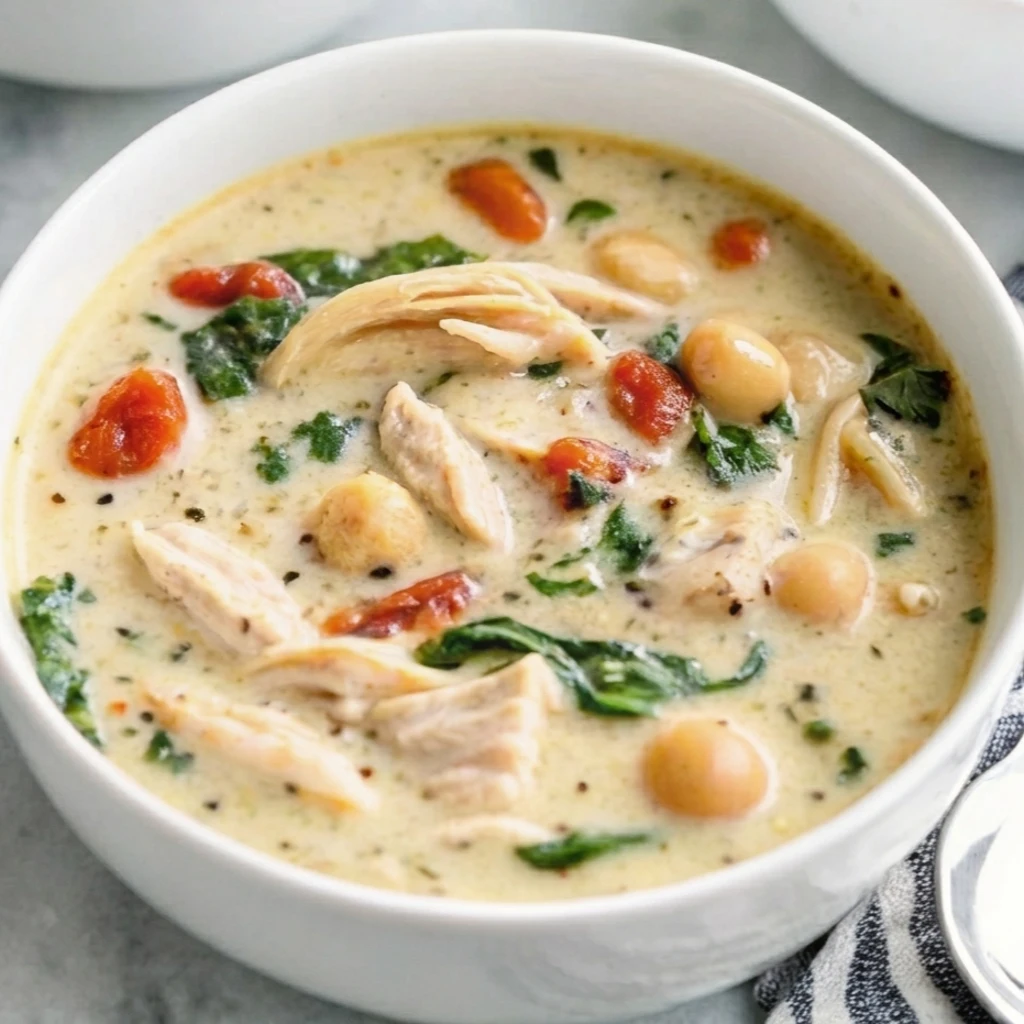 A bowl of creamy chicken parmesan soup filled with shredded chicken pieces, whole cherry tomatoes, gnocchi, and wilted spinach leaves, seasoned with cracked black pepper and fresh herbs.