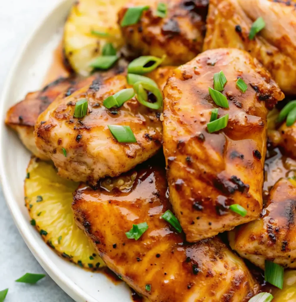 serving of Grilled Hawaiian BBQ Chicken Recipe. The chicken breasts are coated in a sweet, glossy sauce, topped with chopped scallions and sliced red chili, and served over grilled pineapple rings.