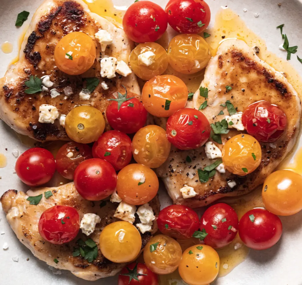 Pan-seared thin chicken breast cutlets topped with a vibrant mix of blistered red and yellow cherry tomatoes, crumbled feta cheese, and fresh chopped herbs in a light, savory pan sauce.
