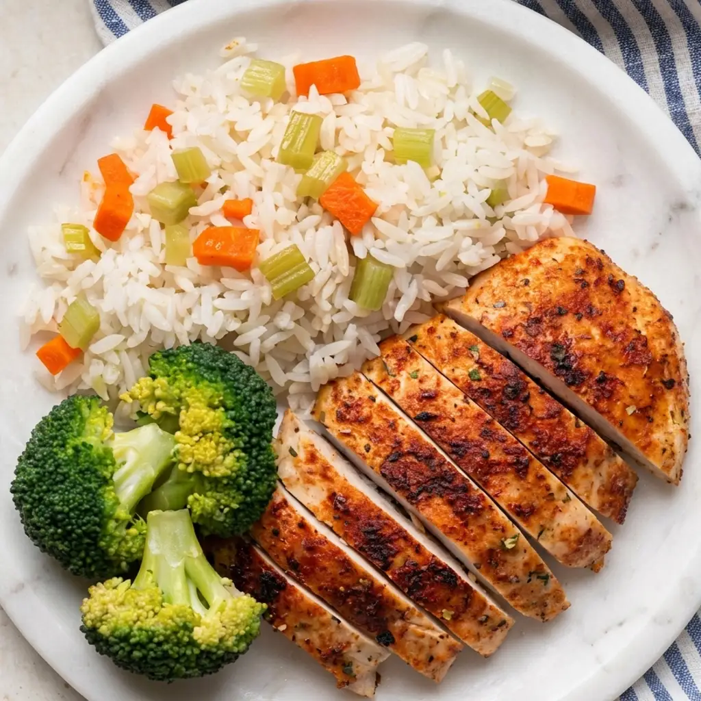 healthy chicken recipes presentation showcasing a juicy, sliced seasoned chicken breast, fresh broccoli pieces, and white vegetable rice served elegantly on a minimalist white marble plate.