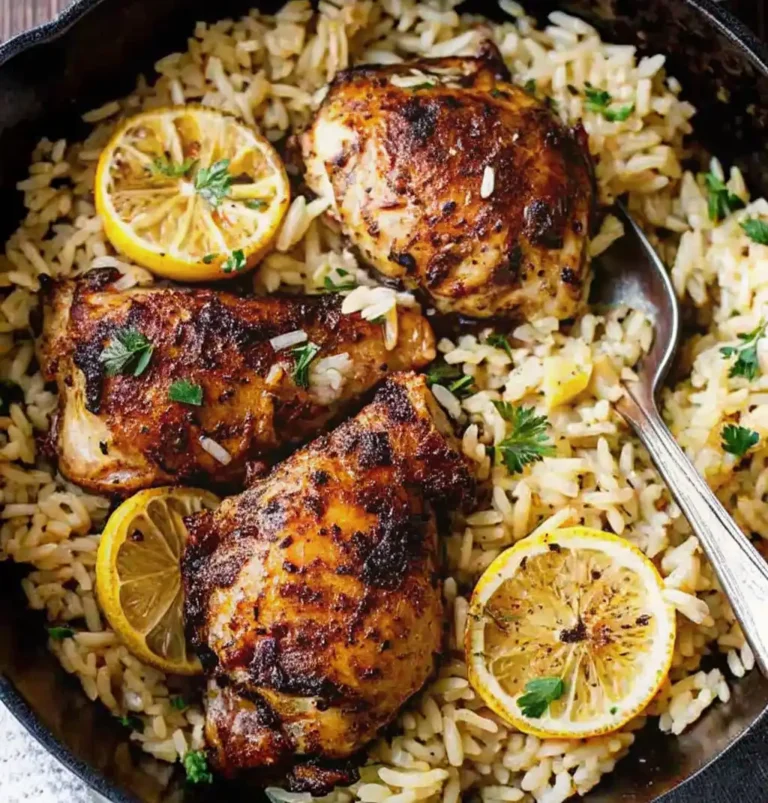 Crispy, pan-seared chicken thighs nestled in a bed of savory seasoned rice, garnished with charred lemon slices and fresh parsley, all served together in a rustic cast-iron skillet. One of the best Chicken Rice Recipes