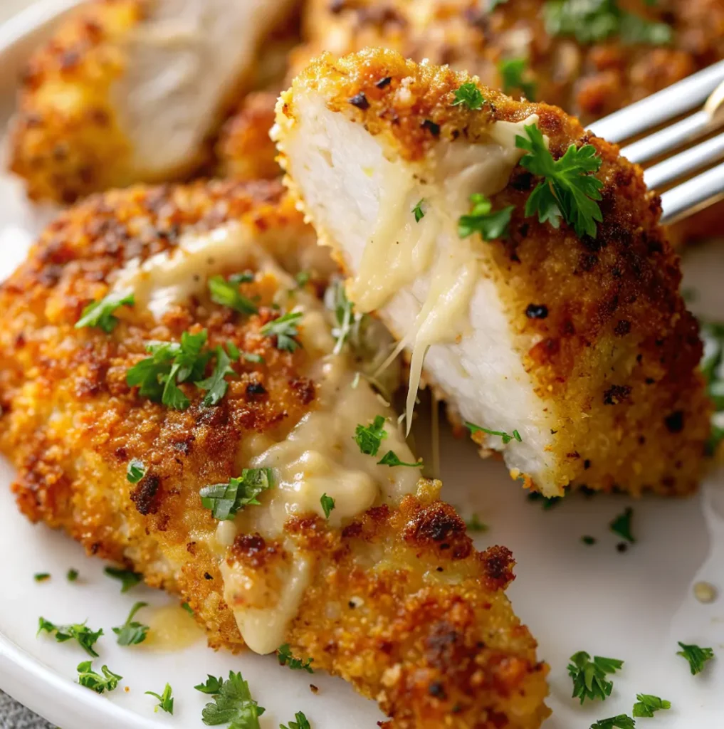A close-up of crispy, golden-brown Parmesan crusted chicken cutlets on a white plate, topped with melted cheese sauce and fresh chopped parsley, with one piece lifted on a fork.
