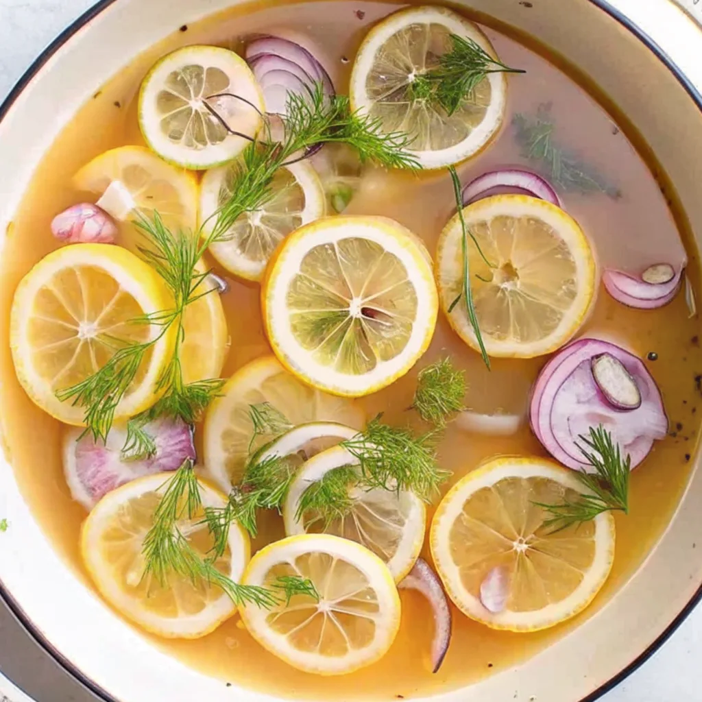 A fragrant poaching liquid simmers in a white pan, filled with vibrant lemon wheels, fresh dill sprigs, and sliced red onions.