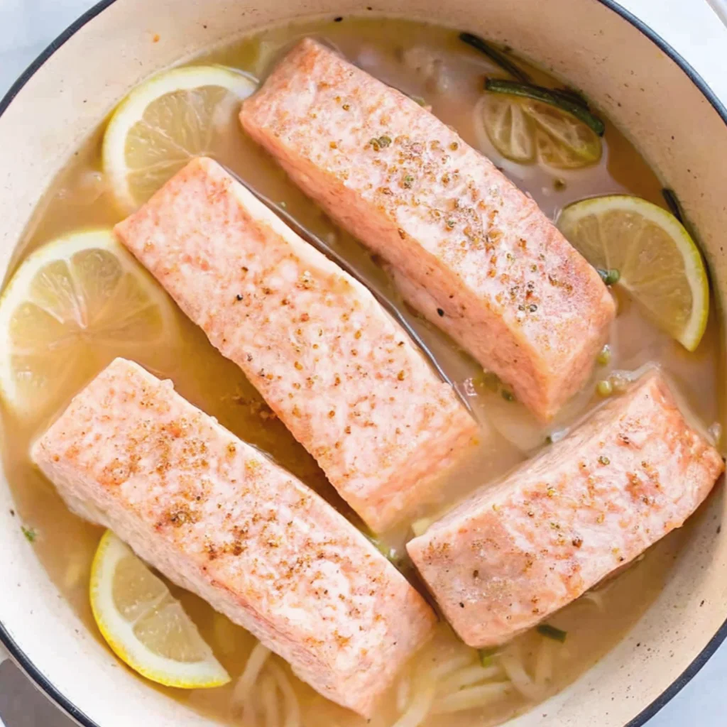 Four salmon fillets poach gently in a shallow pan of golden, citrus-infused broth. Vibrant lemon slices and fresh green herbs surround the fish