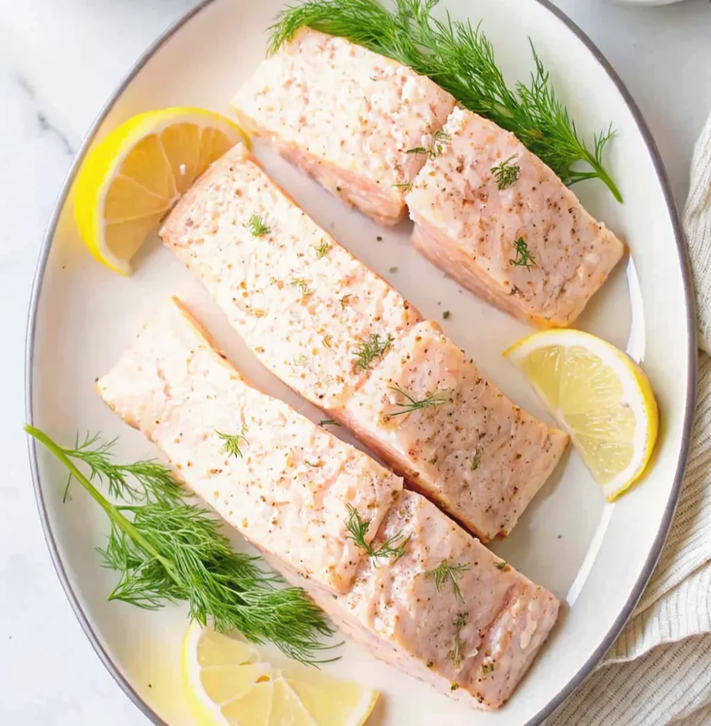 3 perfectly poached salmon Recipe fillets are elegantly plated on a white platter. Garnished with fresh sprigs of dill and bright lemon wedges, the seasoned fish appears tender, moist, and delicious.