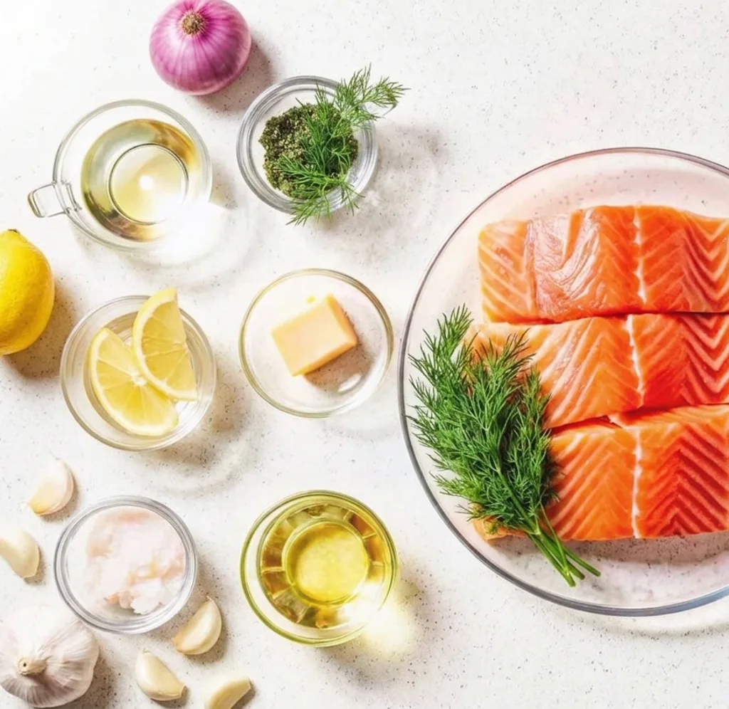 fresh ingredients for poached salmon, including raw fillets, lemon wedges, garlic cloves, red onion, fresh dill, butter, and olive oil, all neatly arranged on a countertop.