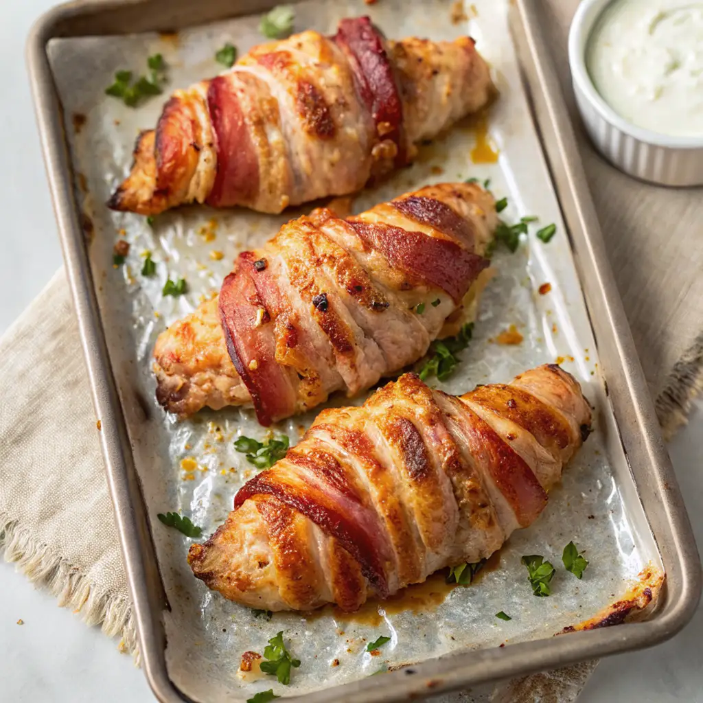 Juicy ranch-seasoned chicken breast wrapped in crispy bacon, oven baked