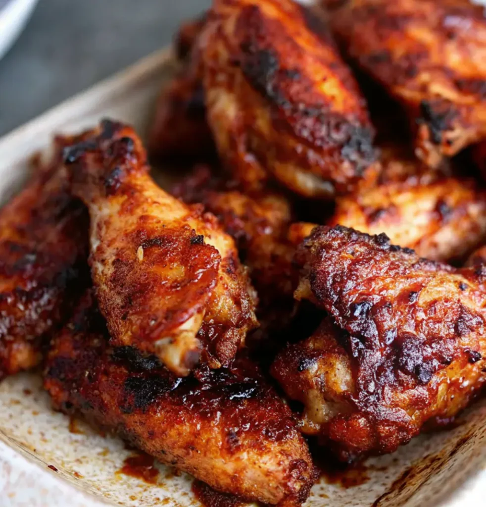 Close-up shot of the result How To Reheat Chicken Wings Several dark-coloured, sauce-covered, crispy-looking cooked chicken wings piled on a light-coloured plate, ready to eat.