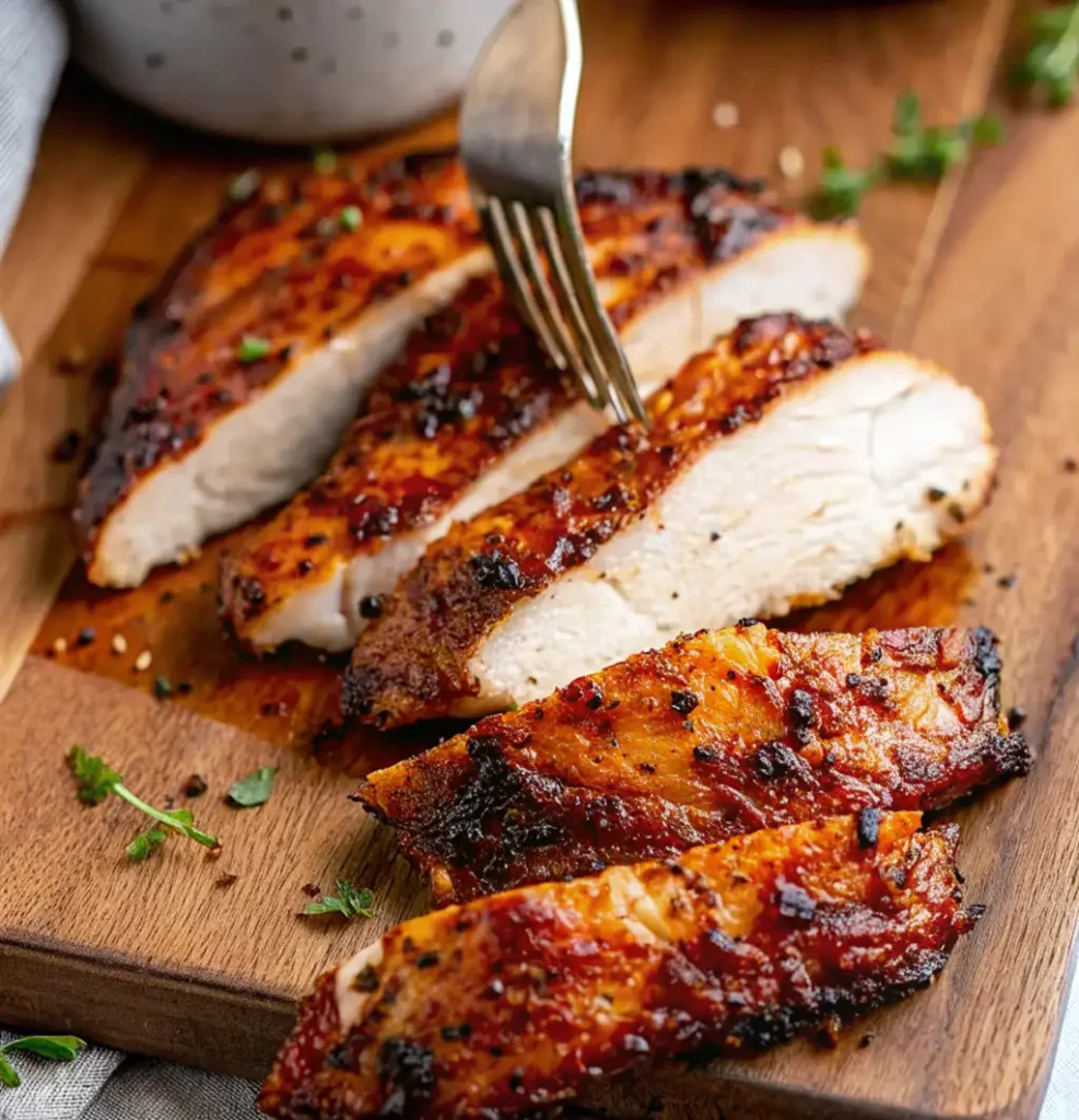 A platter holds four whole smoked chicken breasts Recipe and some sliced pieces, displaying a dark, crusty spice rub. The finished dish is garnished with lemon wedges and fresh herbs like parsley and thyme, suggesting a flavorful meal.