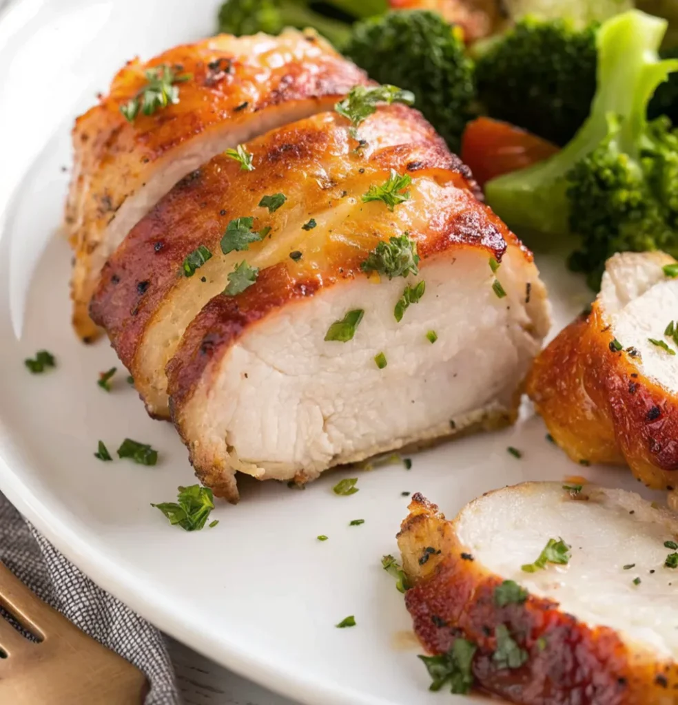 A cooked ranch bacon wrapped chicken breast is sliced to show the juicy white meat interior, served on a white plate with a side of bright green steamed broccoli and other vegetables.