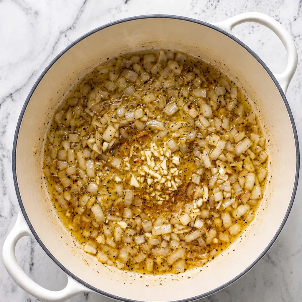 Chopped onions and minced garlic are sautéed in oil in a Dutch oven placed on a marble surface.