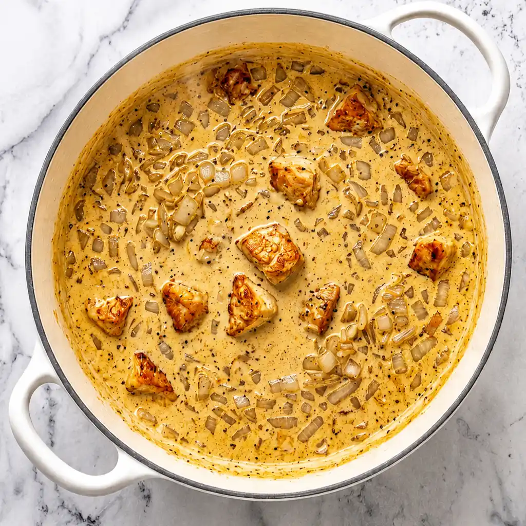 The creamy chicken and shibutli pasta sauce simmers gently in an orange-colored white Dutch oven, rich with chopped onions, ground black pepper, and golden-brown seared chicken pieces.