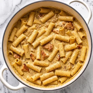 Rigatoni pasta tossed in a creamy, orange-colored chipotle sauce, with grilled chicken pieces and diced onions