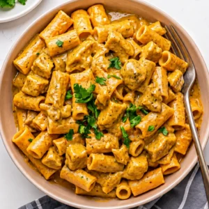Chipotle Chicken Pasta is served on a marble platter and features rigatoni pasta topped with a rich, creamy shibutli sauce, mixed with tender pieces of chicken and garnished with fresh parsley
