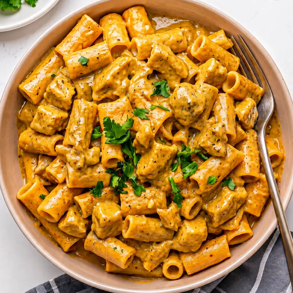 Chipotle Chicken Pasta is served on a marble platter and features rigatoni pasta topped with a rich, creamy shibutli sauce, mixed with tender pieces of chicken and garnished with fresh parsley