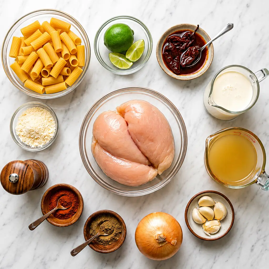 ingredients for chipotle chicken pasta on marble, featuring raw chicken breasts, rigatoni, heavy cream, chicken broth, chipotle peppers, lime, onion, garlic cloves, parmesan, and spices.