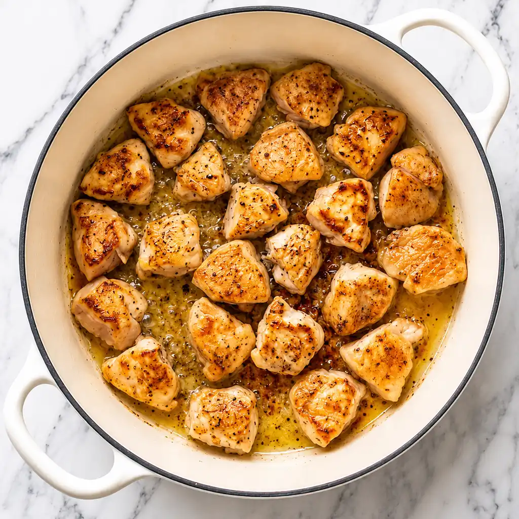 Golden-brown, seasoned chicken cubes roasting in a white-enameled Dutch oven