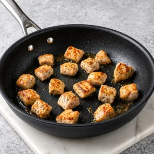 Golden-brown, seasoned chicken breast bites sizzling in a hot black skillet on a marble surface
