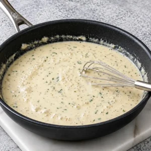 A creamy garlic and herb Boursin cheese sauce with flecks of parsley being whisked in a black skillet