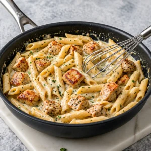 Penne pasta and golden-brown fried chicken pieces, tossed together in a rich, creamy sauce made with garlic and herbs and Porcini cheese in a black skillet, and garnished with fresh parsley.