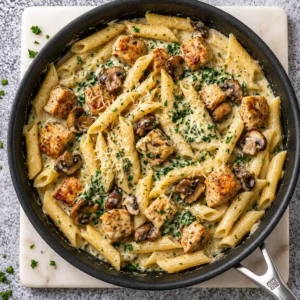 Penne pasta, grilled chicken cubes, and sliced mushrooms in a creamy Boursin cheese sauce, topped with fresh parsley and shredded Parmesan, served in a black skillet on a marble board.