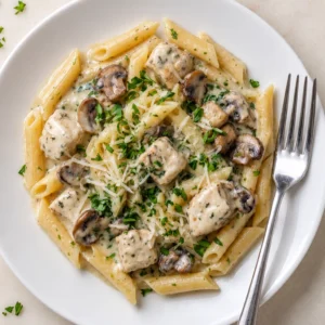 A serving of creamy Boursin Chicken Pasta with penne and sliced mushrooms on a white plate, garnished with fresh chopped parsley and shredded parmesan cheese next to a fork.