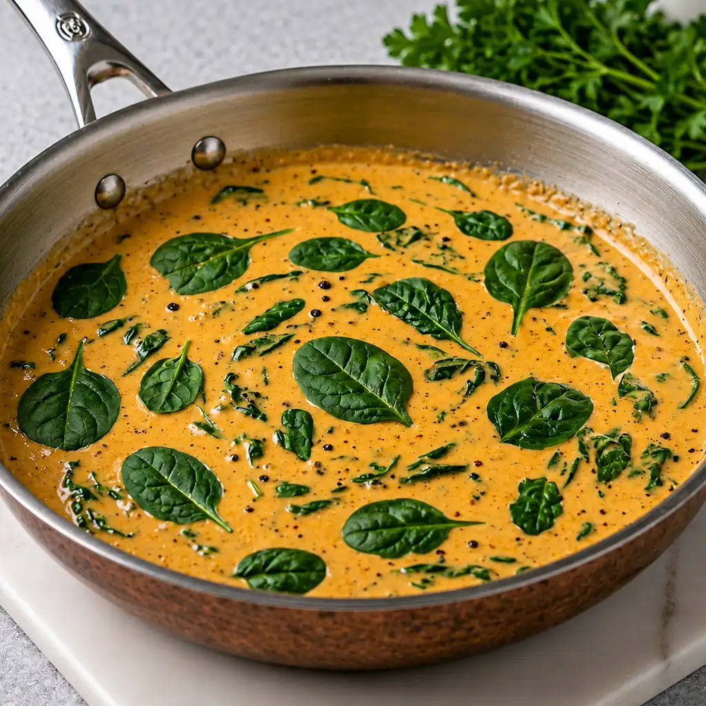A creamy Florentine-style chicken pasta sauce, simmered over low heat in a stainless steel skillet and beautifully garnished with baby spinach leaves