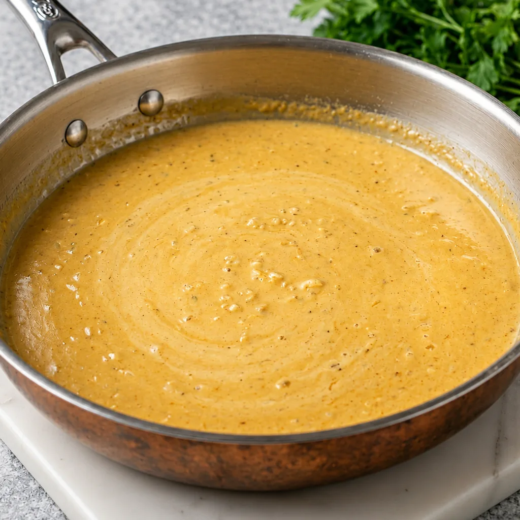 A golden-orange Florentine chicken pasta sauce, smooth and creamy in texture, simmered over low heat in a cast-iron skillet on a marble countertop, with a rich consistency