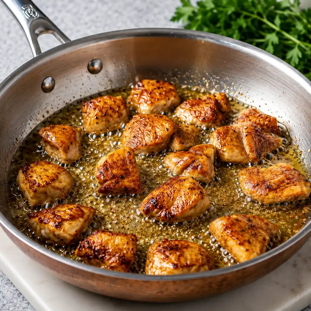 Golden-brown pieces of marinated chicken breasts, fried in hot oil in a stainless steel skillet