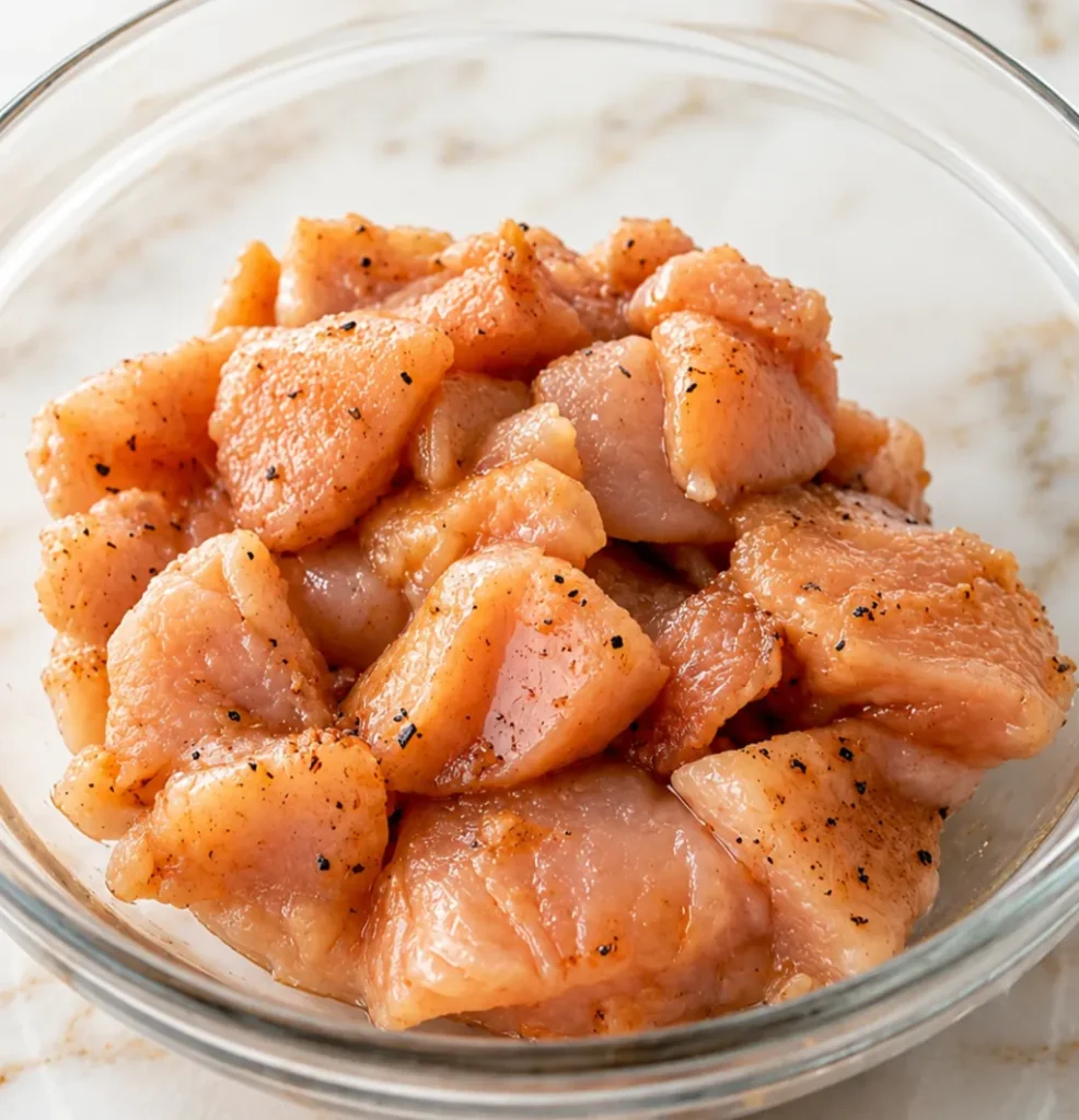 Raw, bite-sized chicken breast pieces tossed with oil, salt, and cracked black pepper, prepared in a clear glass bowl for a creamy Chicken Florentine pasta.
