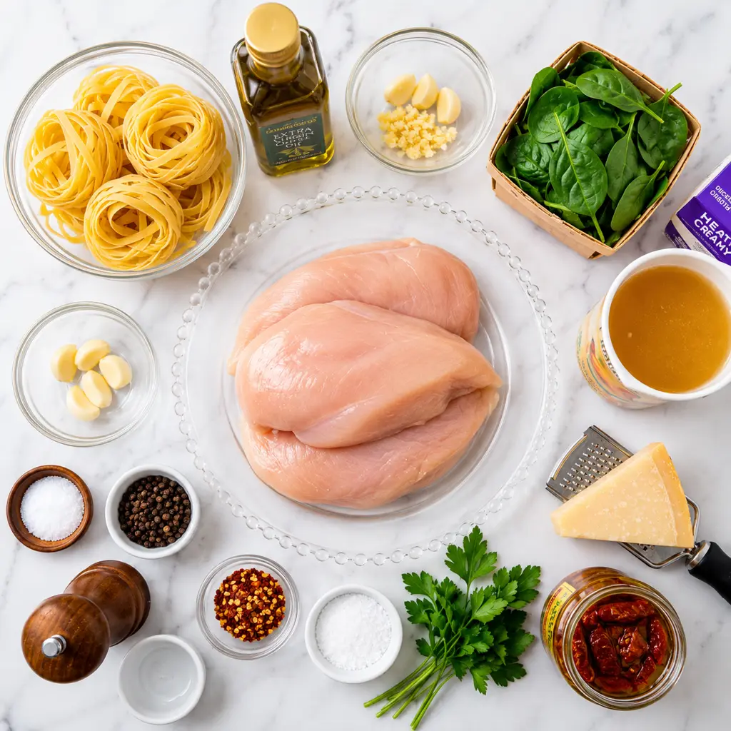 Ingredients for Chicken Florentine Pasta : raw chicken breasts, fettuccine, fresh spinach, olive oil, minced garlic, Parmesan cheese, chicken broth, sun-dried tomatoes, and assorted spices on a marble surface.