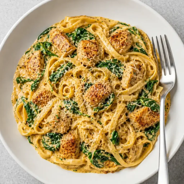 Chicken Florentine Pasta with Cream Sauce, served on a white plate with a fork on the side, consists of fettuccine tossed in a rich garlic cream sauce with tender pan-fried chicken pieces, fresh cooked spinach, and a sprinkle of grated Parmesan cheese.