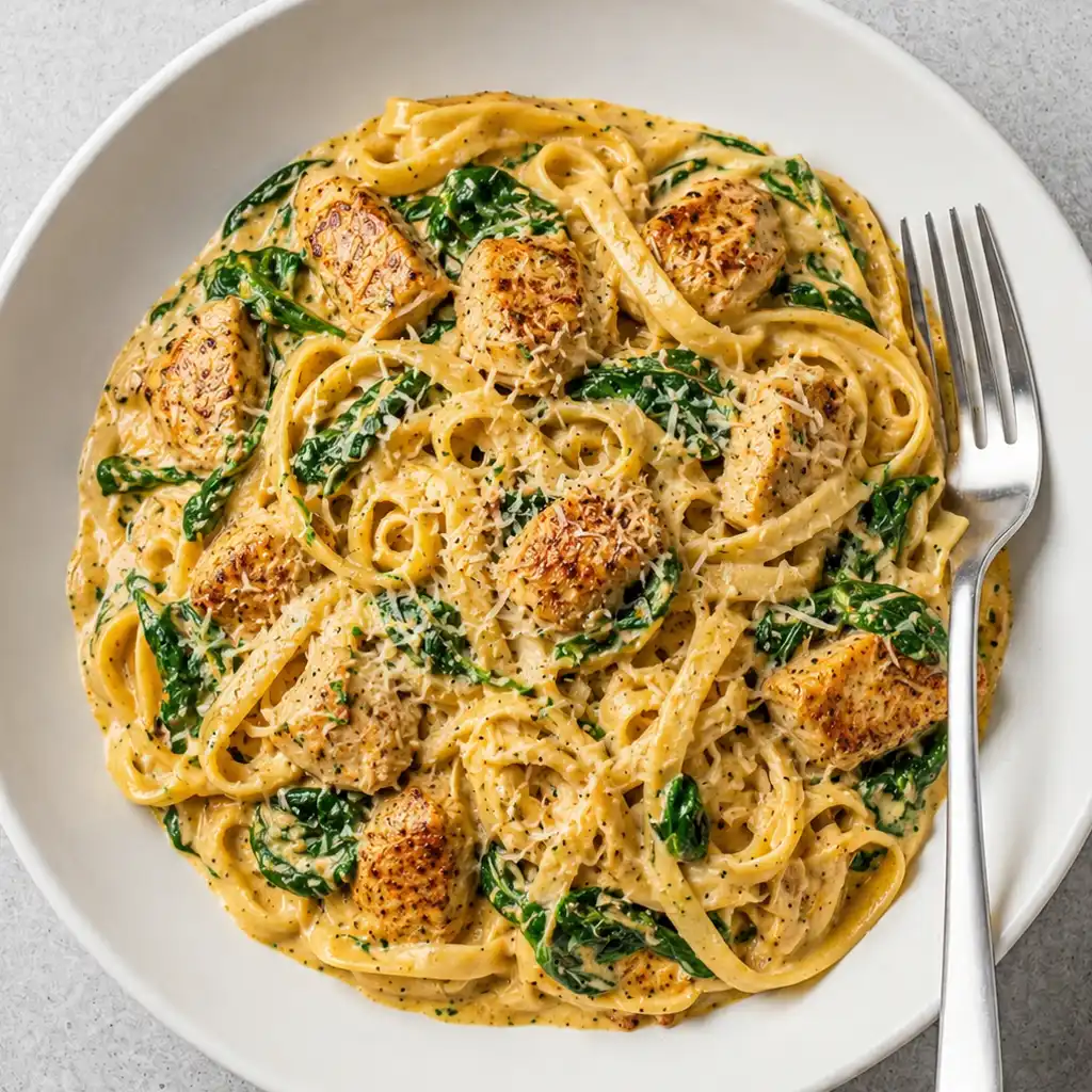 Chicken Florentine Pasta with Cream Sauce, served on a white plate with a fork on the side, consists of fettuccine tossed in a rich garlic cream sauce with tender pan-fried chicken pieces, fresh cooked spinach, and a sprinkle of grated Parmesan cheese.