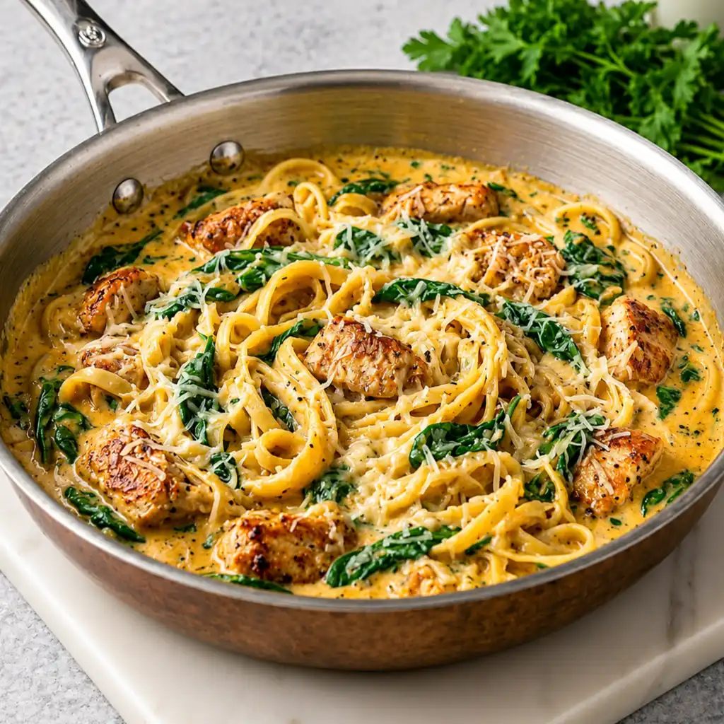 Florentine Chicken Pasta with Cream Sauce, made with tender fettuccine, pan-fried chicken pieces, and spinach cooked in a rich and delicious cream sauce, and garnished with grated Parmesan cheese in a skillet.