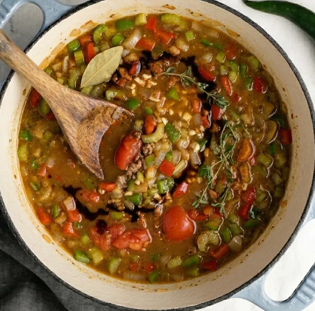 Dutch oven filled with a chunky chicken gumbo soup, featuring diced bell peppers, celery, tomatoes, and herbs, with a wooden spoon resting in the savory, rich broth.