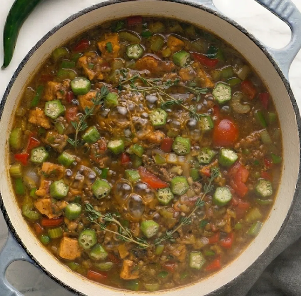 A bubbling chicken gumbo soup simmering in a Dutch oven, packed with sliced okra, diced tomatoes, celery, peppers, and tender chicken pieces, garnished with fresh thyme sprigs.