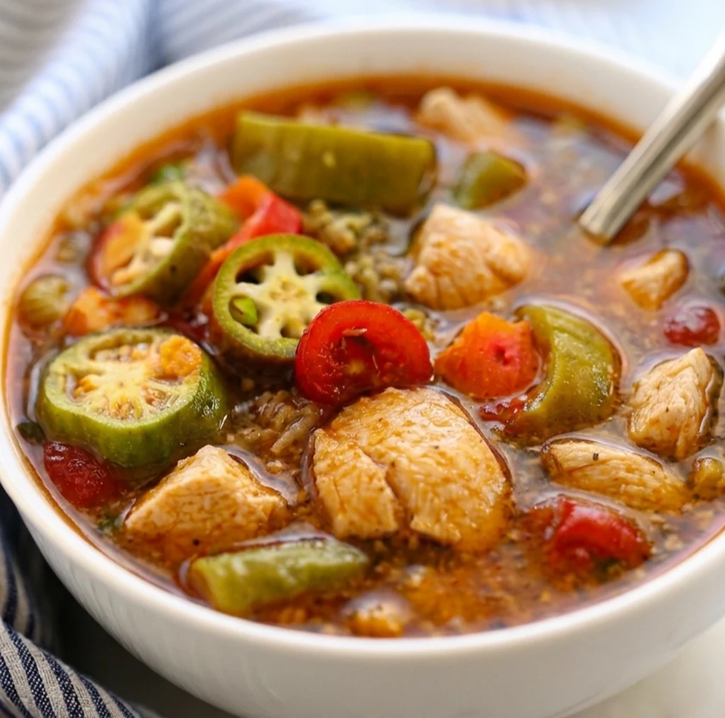 A white bowl filled with hearty chicken gumbo soup, featuring tender chicken chunks, sliced okra, cherry tomatoes, and green bell peppers in a flavorful, seasoned broth with a spoon.