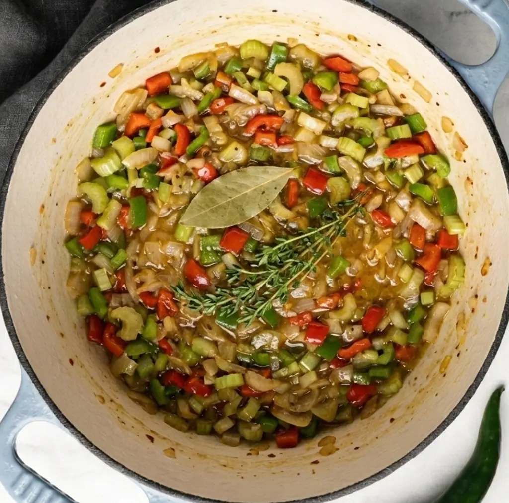 A white Dutch oven filled with sautéed diced celery, onions, and red and green bell peppers, topped with a bay leaf and fresh thyme sprigs during the gumbo base preparation.