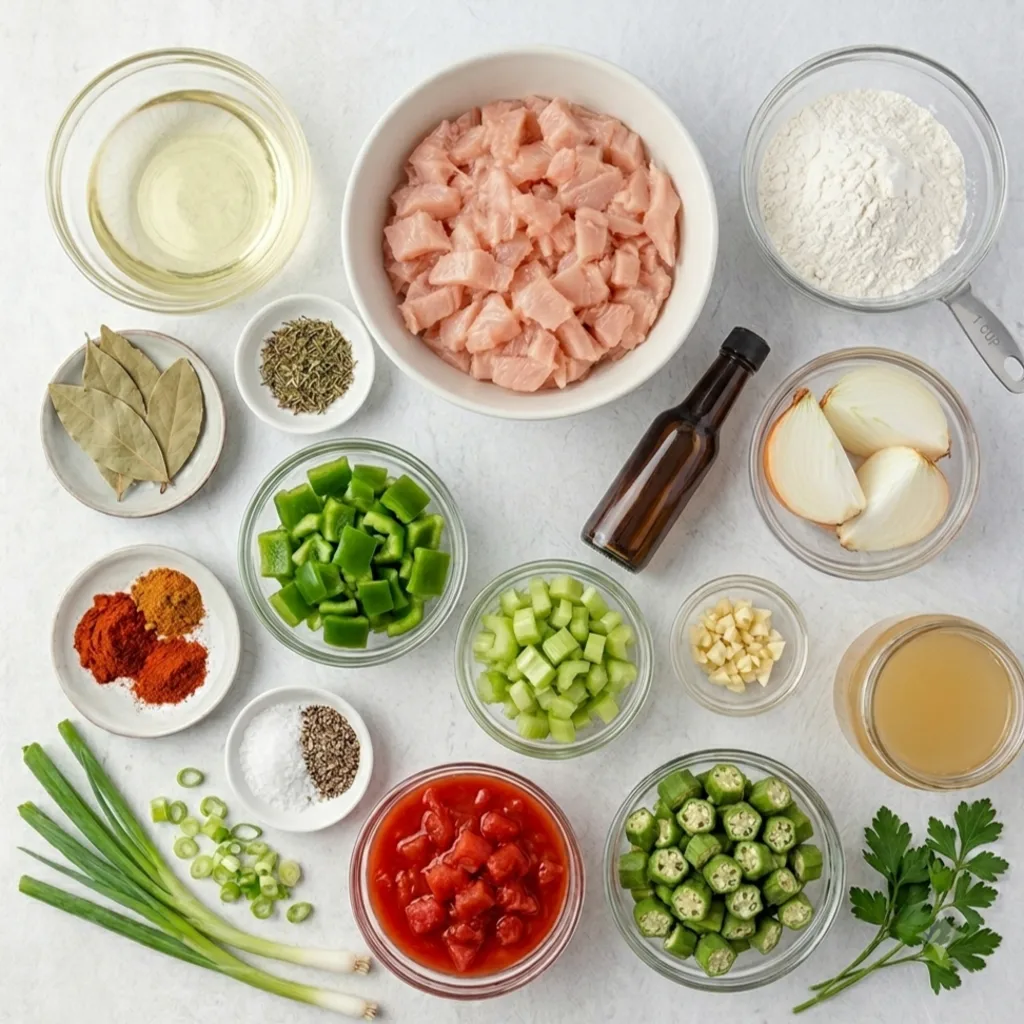 ingredients shot for chicken gumbo soup, displaying bowls of diced chicken, flour, oil, okra, celery, bell peppers, onions, tomatoes, spices, broth, and fresh herbs on a white surface.