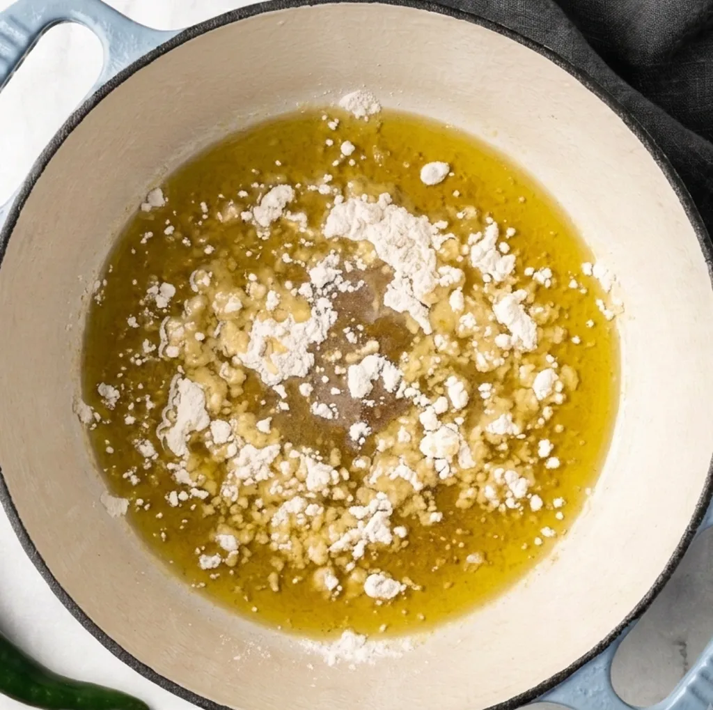 White flour sprinkled into a layer of heated cooking oil inside a Dutch oven, capturing the initial step of making a roux base for chicken gumbo soup.