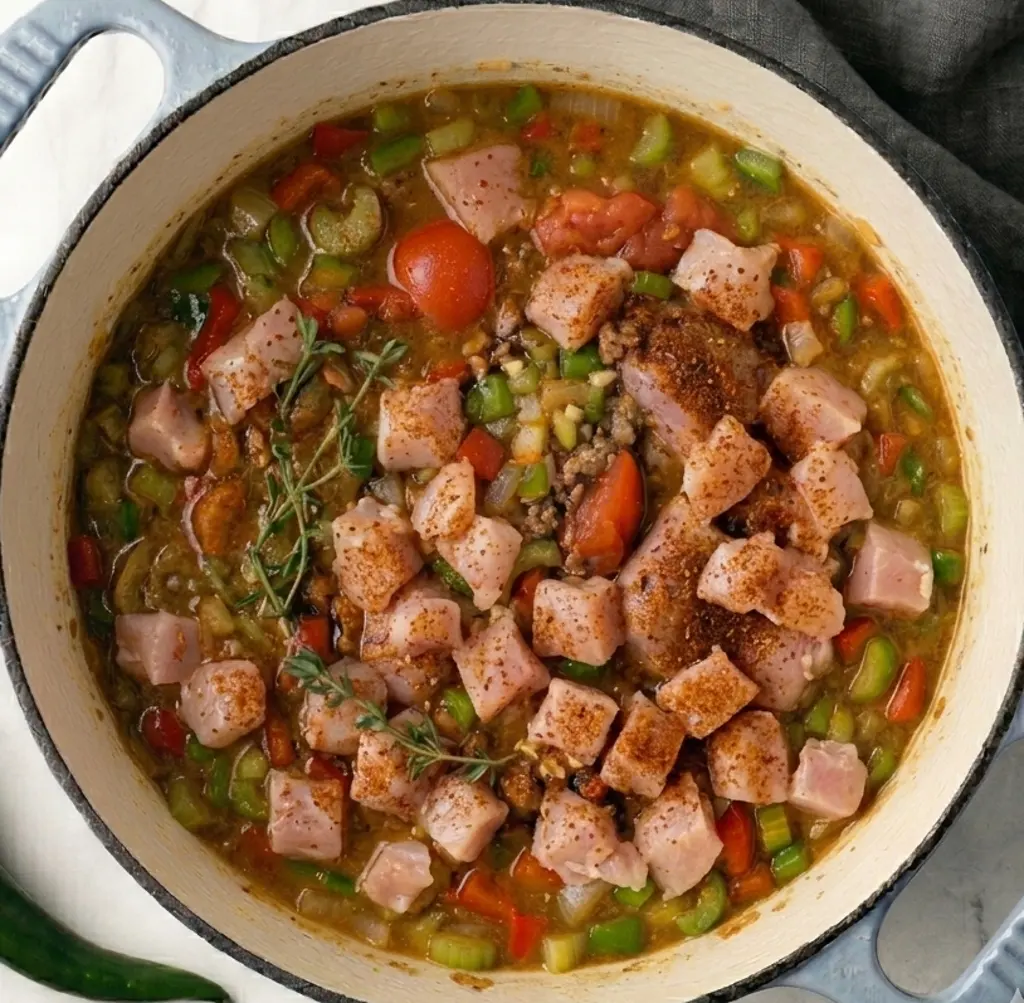 Seasoned, diced raw chicken pieces added to a Dutch oven with sautéed bell peppers, celery, and onions, garnished with fresh thyme sprigs during the gumbo cooking process.