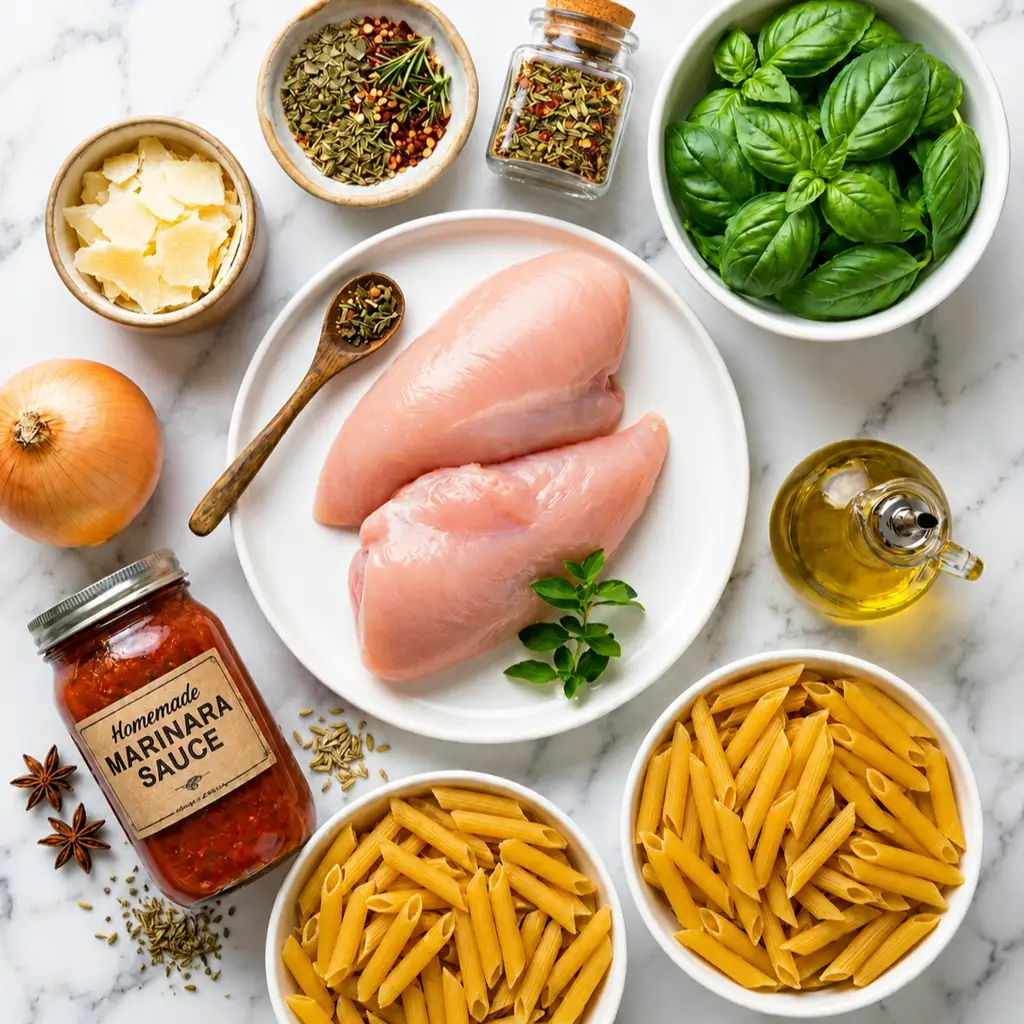 ingredients for chicken marinara pasta including raw chicken breasts, penne pasta bowls, a jar of homemade marinara sauce, fresh basil, onion, olive oil, and spices.