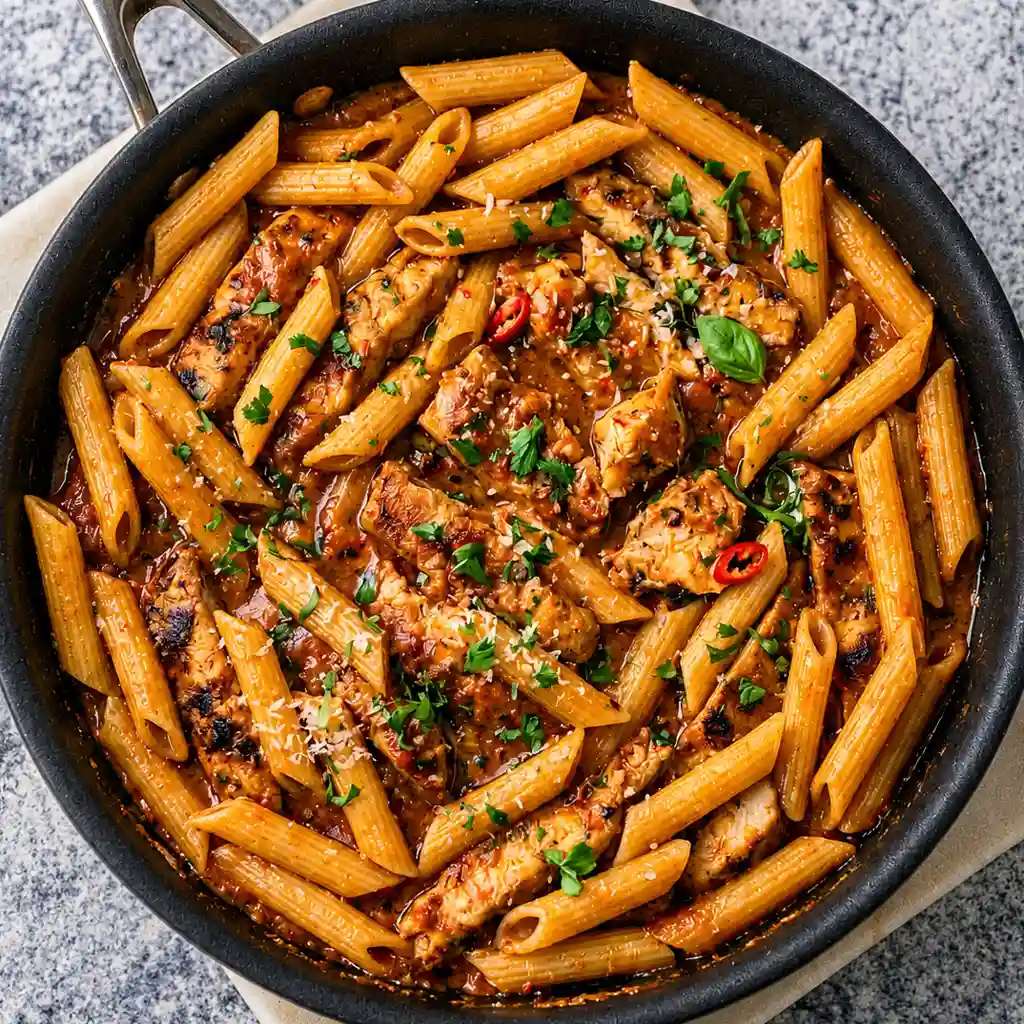 Chicken Marinara Pasta Contains Penne pasta and sliced grilled chicken breast tossed in a rich tomato marinara sauce, garnished with fresh parsley, basil, and grated parmesan cheese in a black skillet.